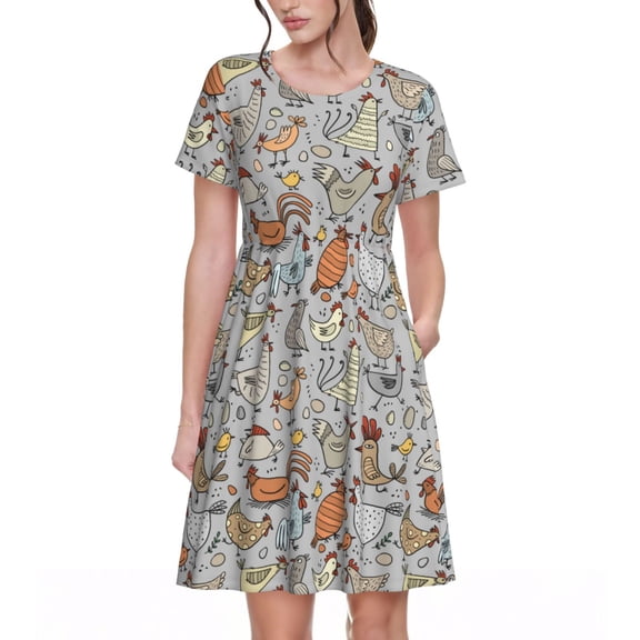 Kuqiui Funny Chicken Print Women's Short Sleeve A-Line Dress with Pockets, Casual Crew Neck Knee-Length Dress for Daily Wear