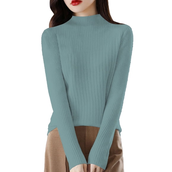 DondPO Womens Turtleneck Sweater Women's Spring Solid Color Semi High Neck Pullover Long Sleeved Base with Sweater Underneath Women'S Pullover Sweaters Women Mock Neck Sweater Green M Clearance!
