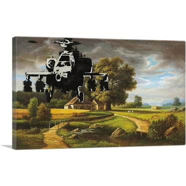 ARTCANVAS Apache Helicopter Over Farm Field Canvas Art Print by Banksy - Size: 26" x 18" (0.75" Deep)