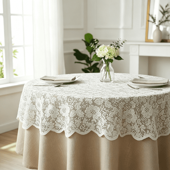 60 Inch Round Floral Lace Crochet Tablecloth Vintage Hollow Design Decorative Cover for Wedding Party Home Dining(White)