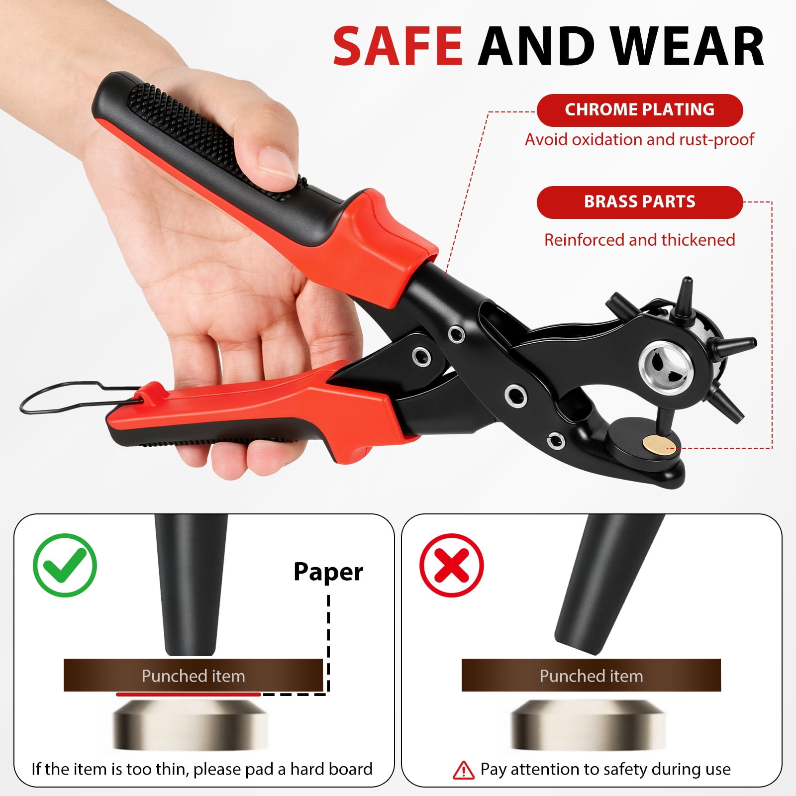 Leather Hole Punch Set Punch Pliers with PVC Handle and Effort Saving Design Ideal for Belt Plastic Rubber Canvas DIY Leather Work,Red