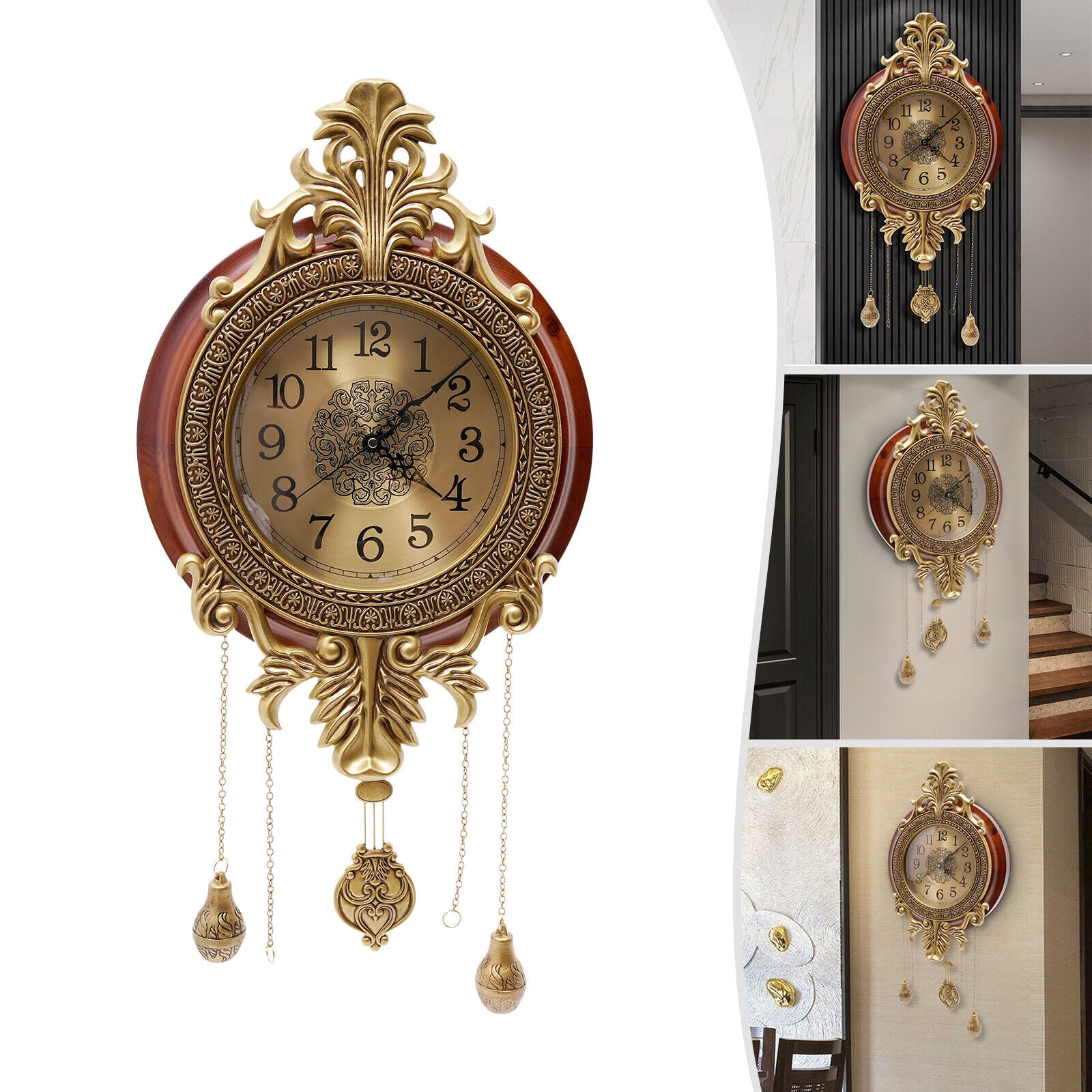 Wall Mount Vintage Wall Clock Battery Quartz Operated Silent Clock with Swinging Pendulum for Living Room
