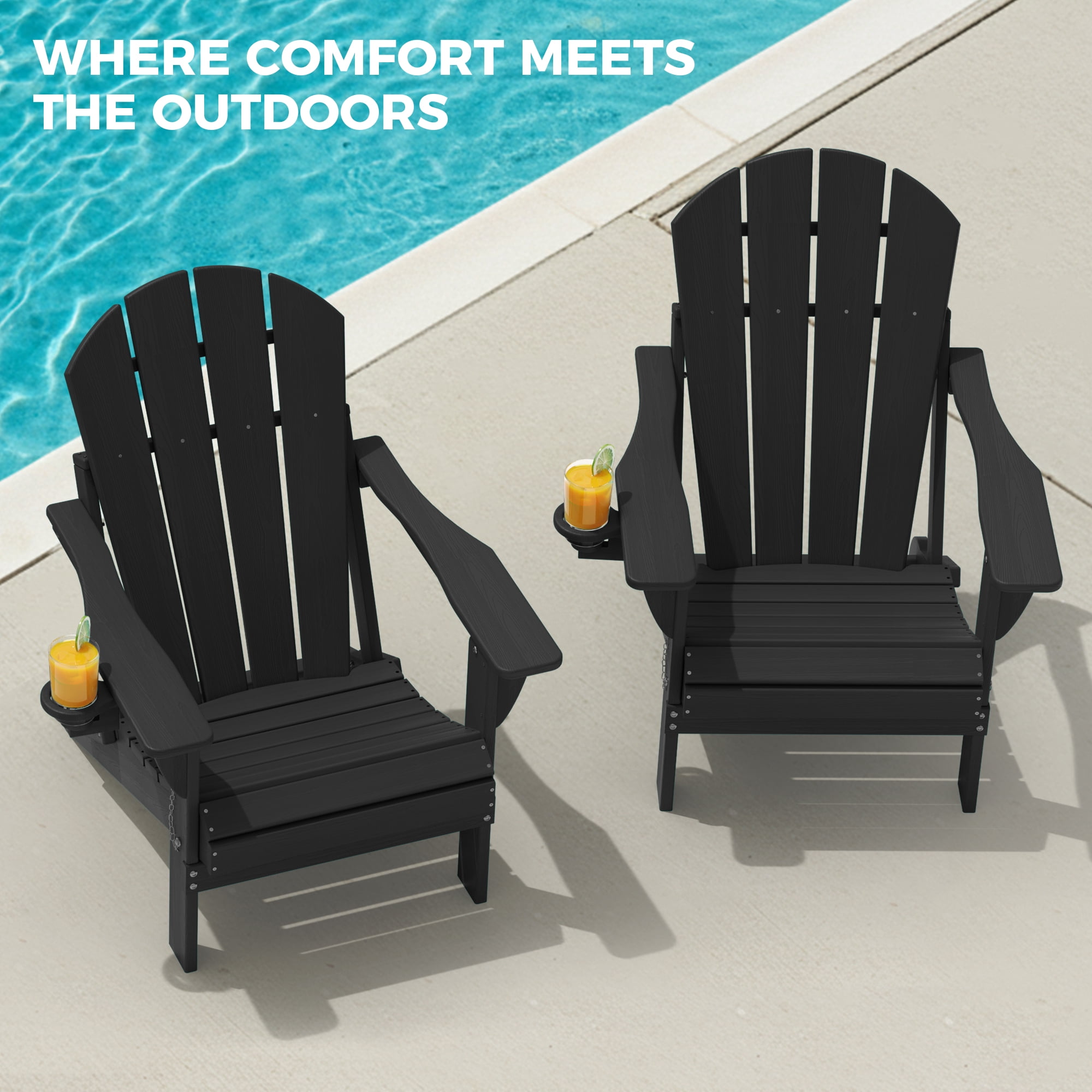Folding Adirondack Chair, Heavy Duty HDPE Plastic Fire Pit Patio Chair, Black