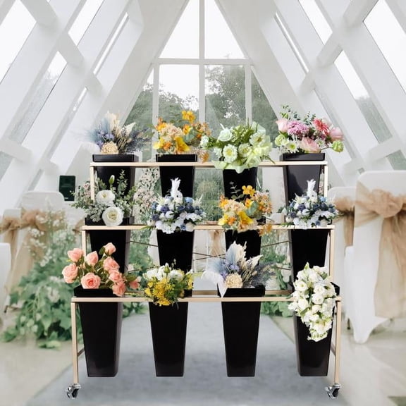 3-Tier Flower Display Stand with Buckets, Gold Metal Flower Cart with Wheels, Floral Stand Plant Display Stand for Flower Bar Supplies, Indoor, Outdoor, Garden, Living Room