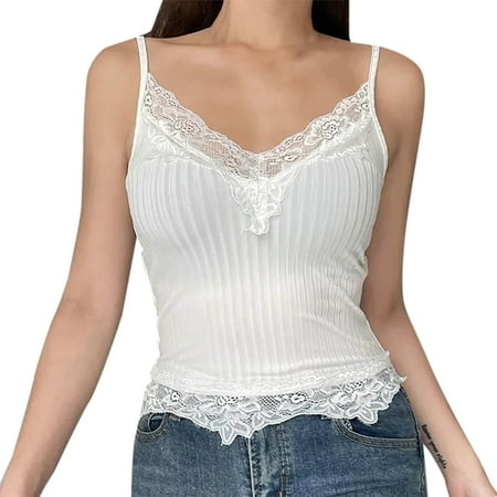 GA WEIHUA Women s V Neck Lace Trim Cami Top Sexy Y2k Going Out Tank Camisole Spaghetti Strap Undershirts Slim Street Style Lingerie Bralette Tops(White XXL)
