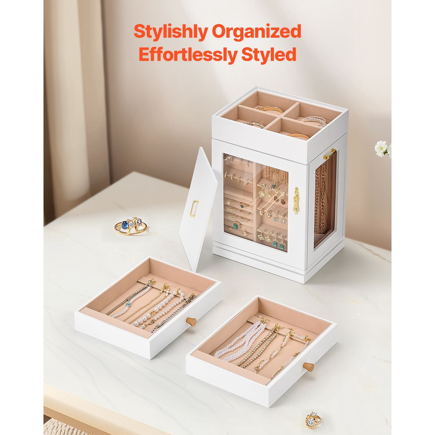 Jewelry Box Organizer with 360° Rotation, Magnetic Closure, Vertical Drawers, Metal Handle, for Rings Necklaces Earrings