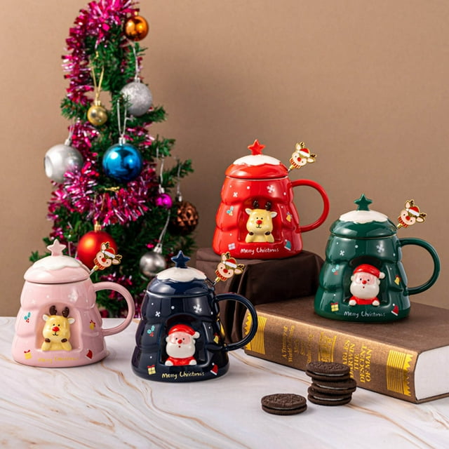 Fiudx Taza de Cerámica Navideña, Juego de Cuchara y Tapa, Gran Capacidad de 400 Ml, Estilo Retro, Fácil de Limpiar, Uso Doméstico, Decoración Navideña, Tamaño 10 X 7,7 X 7,7 Cm.