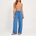 thumbnail image 2 of ICQOVD Women Pants Women Casual Cotton Linen Drawstring Elastic Waist Long Wide Leg Pants Rollbacks Blue, 2 of 9