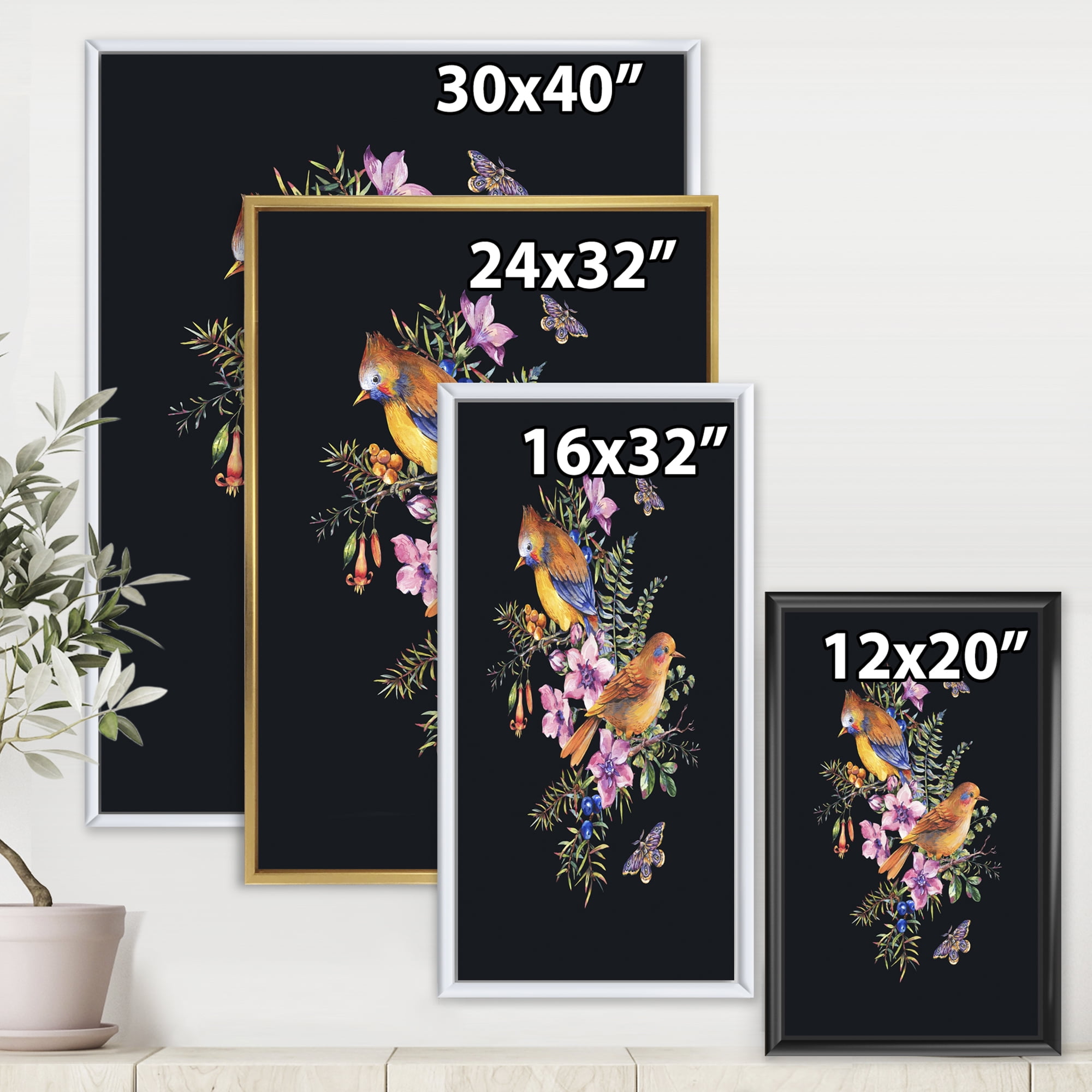 Designart 'Little Bird Sitting On Colourful Bouquet Of Wildflowers II' Traditional Framed Canvas Wall Art Print