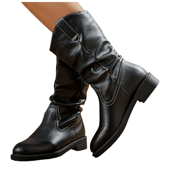 Winter Fall Slouchy Wide Mid Calf Boots for Women Leather Chunky Low Heel Pull on Cowboy Cowgirl Riding Booties
