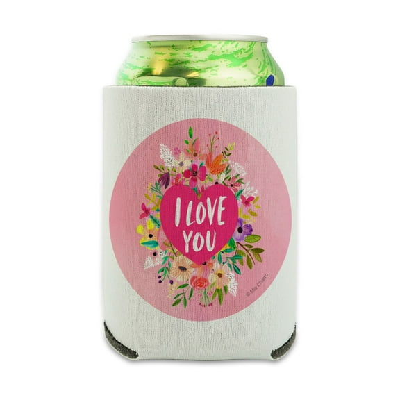 I Love You Flower Heart Wreath Can Cooler - Drink Sleeve Hugger Collapsible Insulator - Beverage Insulated Holder