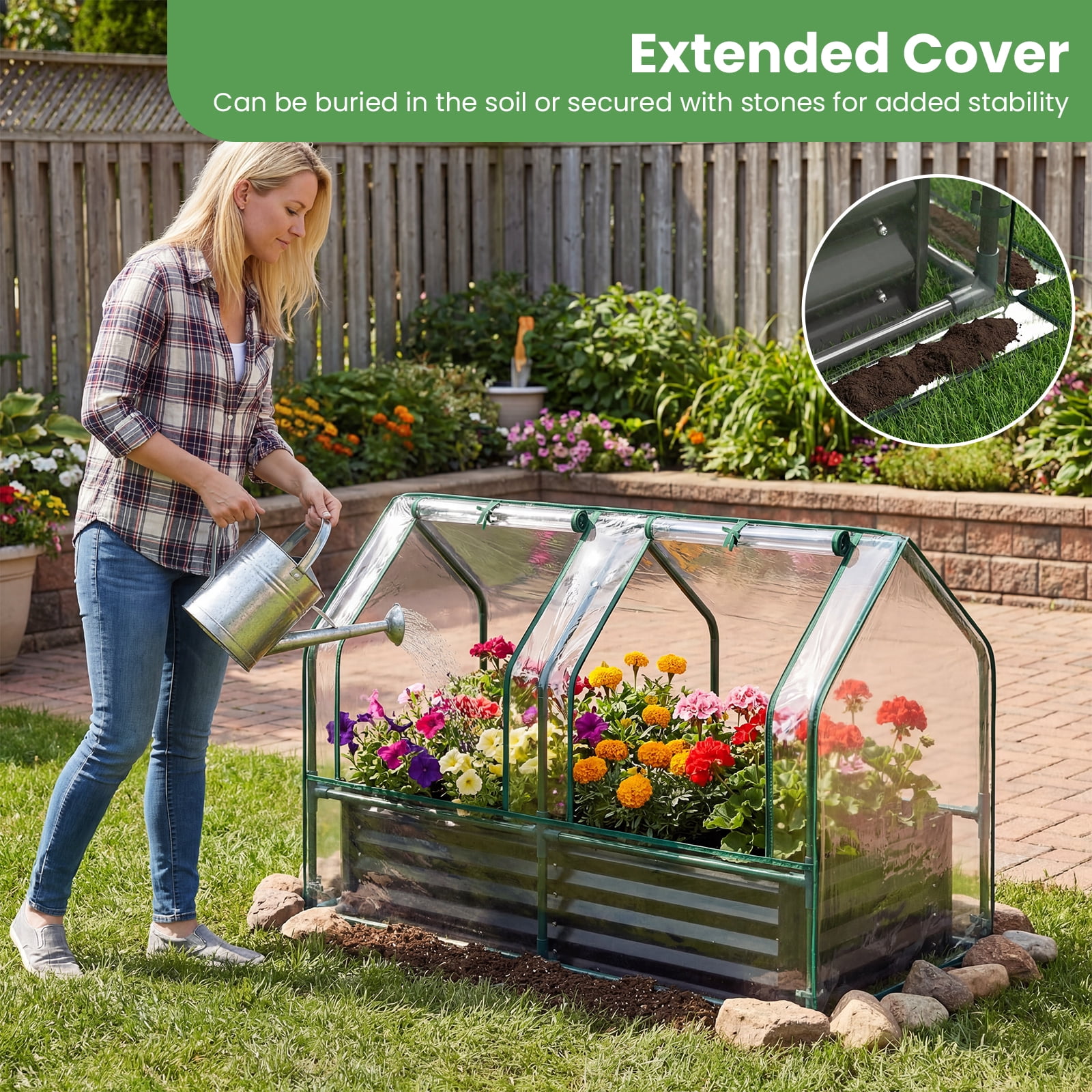 Gymax 4 x 2 x 3 FT Small Galvanized Raised Garden Bed w/Greenhouse Cover Windows Black & Transparent