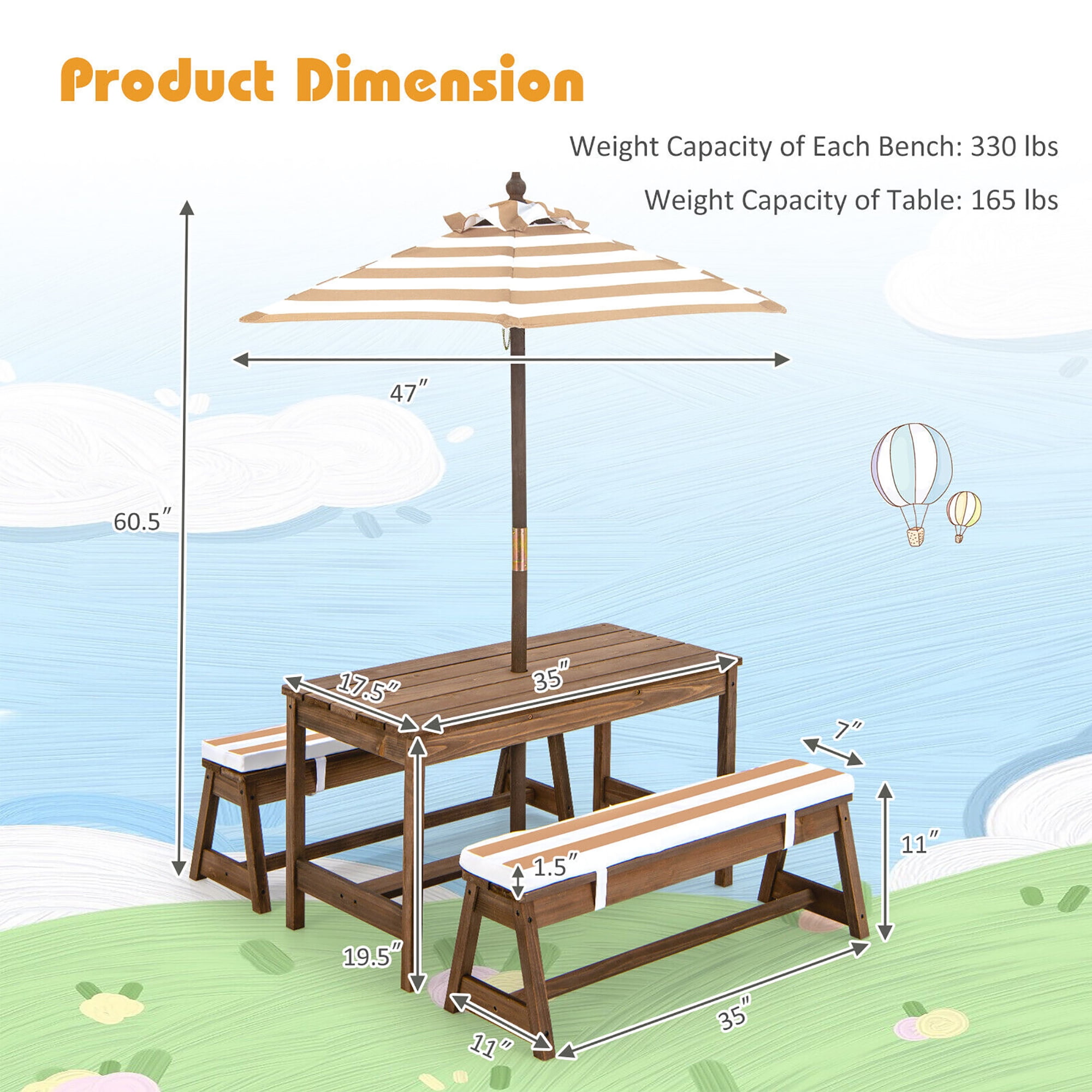 Free Shipping Gymax Kids Wood Picnic Table and Bench Set w Cushions Umbrella for Indoor Outdoor Brown Walmart