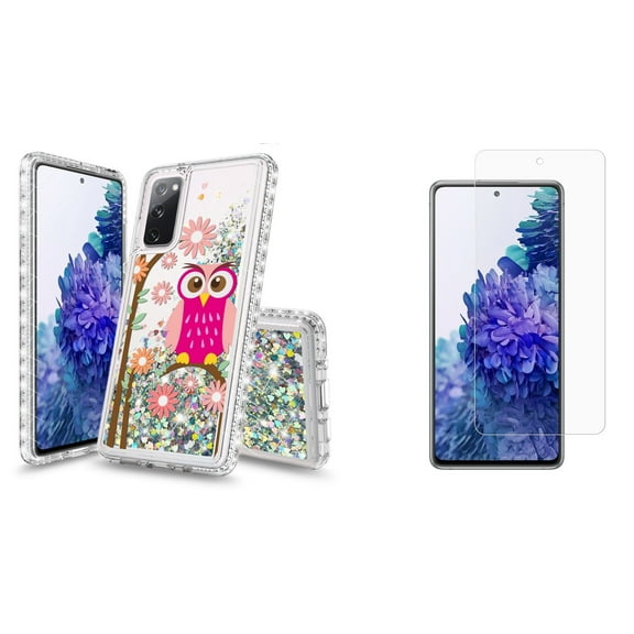Bemz Liquid Quicksand Case for Samsung Galaxy S20 FE (with 2 Pack of Tempered Glass Screen Protectors and Touch Tool) - Pink Owl (Clear)