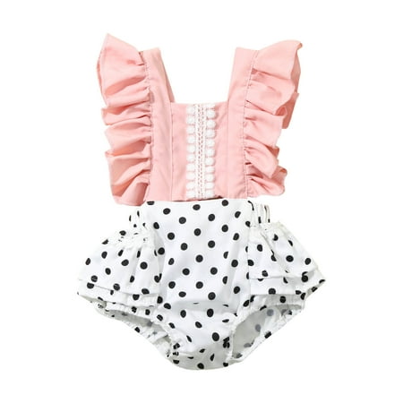 

Baby Girls Ruffle Sleeve Polka Dot Lace Romper Headbands Outfits