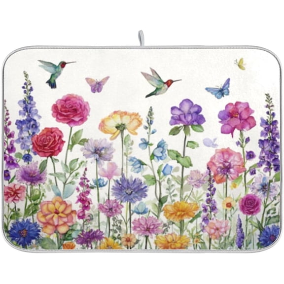Colorful Wildflowers Butterflies Dish Drying Mat Kitchen Counter Mat Draining Mat Kitchen Accessories Dish Rack Pad for Dishes, Utensils, Countertops, Sinks 16x18in
