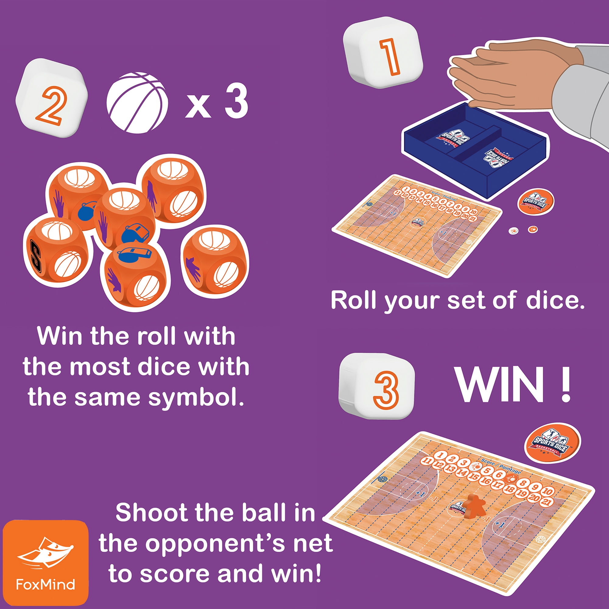 FoxMind Games: Sports Dice Basketball - Throw The Ball On Net & Dunk To Win, Rolling Board Game, Fun & Easy To Learn, Family-Kids Ages 8+ 2-4 Players
