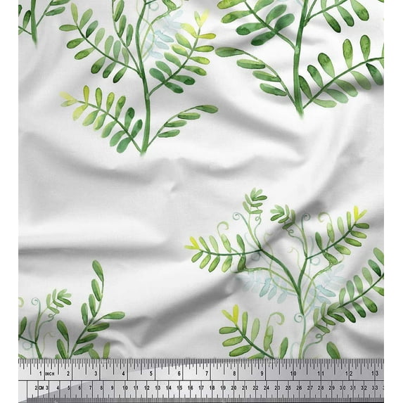 Soimoi White Silk Fabric Mimosa Pudica Leaves Print Sewing Fabric Yard 44 Inch Wide
