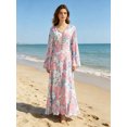 thumbnail image 6 of Women's Boho Floral Print Maxi Dress Long Sleeve V Neck Side Lace Up Bell Sleeve Vacation Swing Dress, 6 of 7