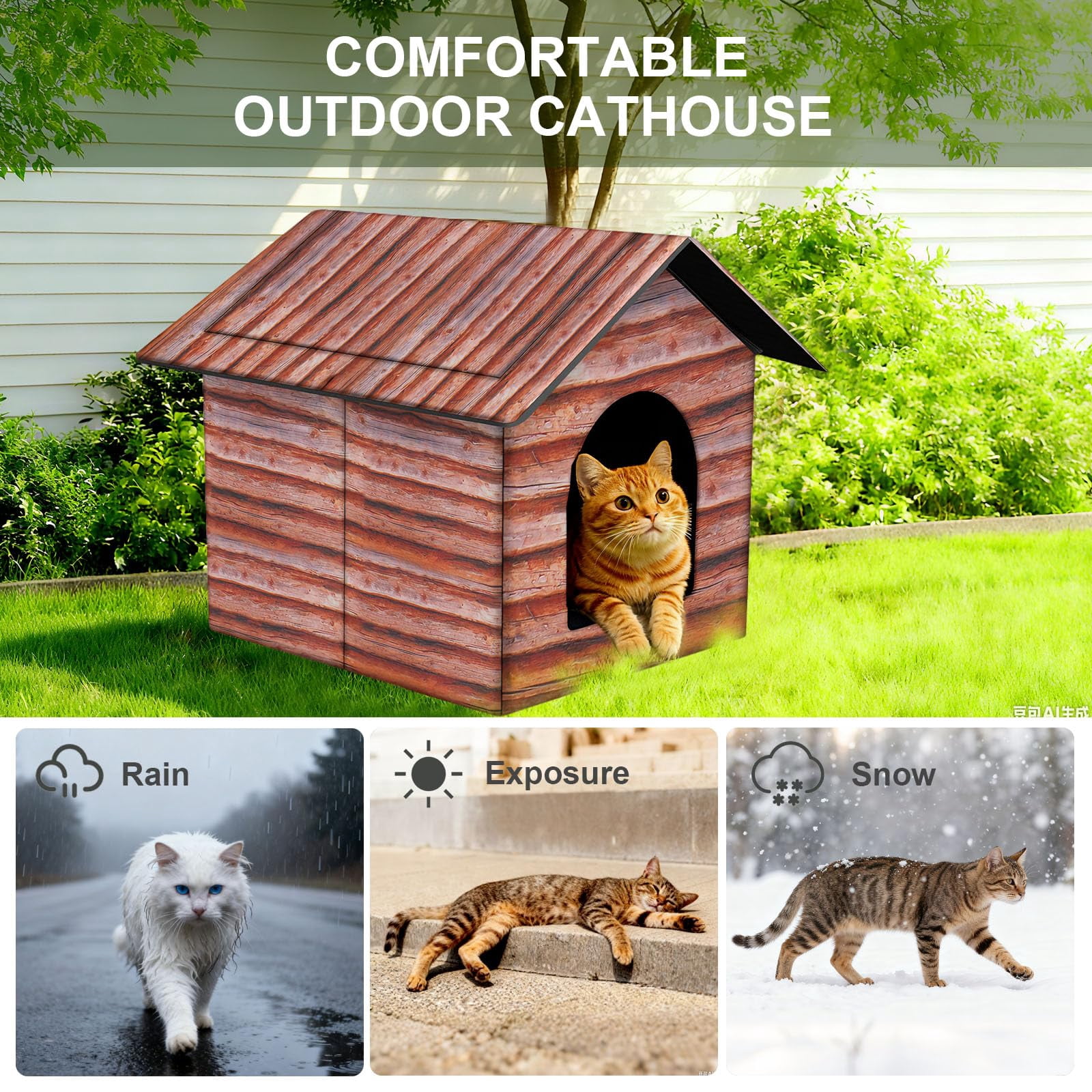 Outdoor Cat House Cat House for Outdoor and Indoor Use - Waterproof Shelter for Cats, Dogs, and Feral Animals (Grey Wood Color, Large)