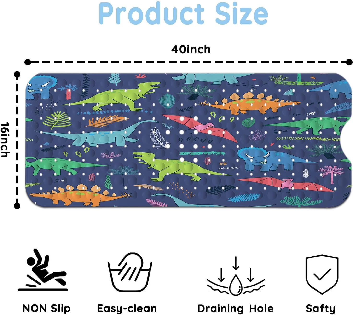 Bathtub Mats for Kids, Cartoon Blue Dinosaur Bath Mat for Tub Non Slip, 40 X 16 Inch Large Washable Bathtub Mat Non Slip for Showers with Drain Holes and Suction Cups
