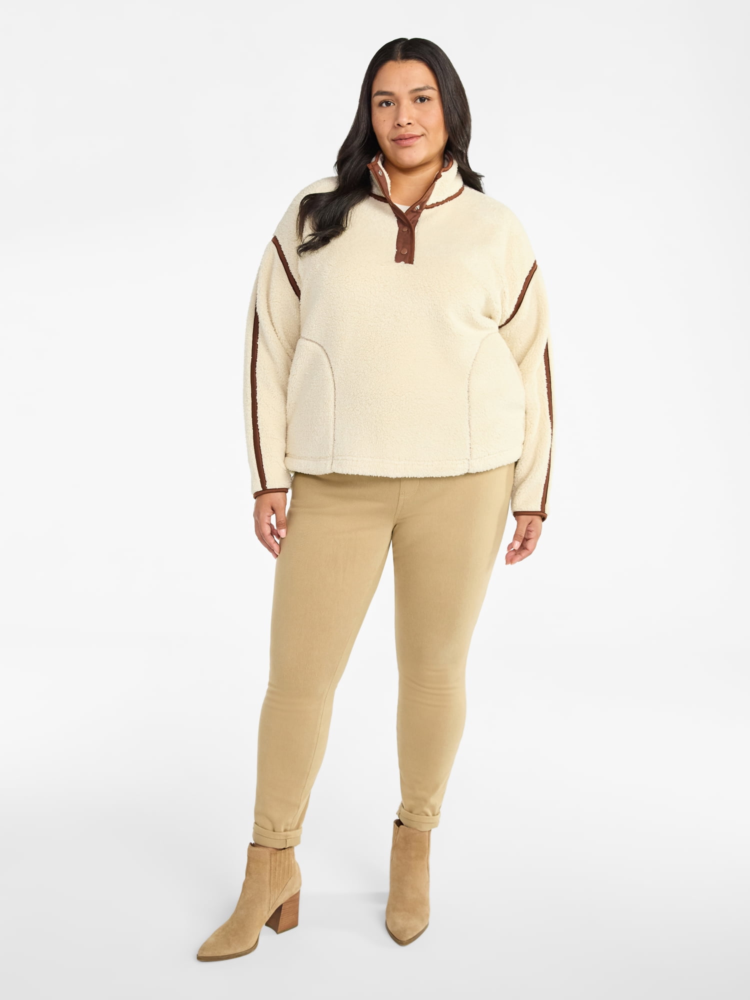 Women's Plus Size Faux Shearling Quarter Snap Pullover, Sizes 0X-4X - image 2