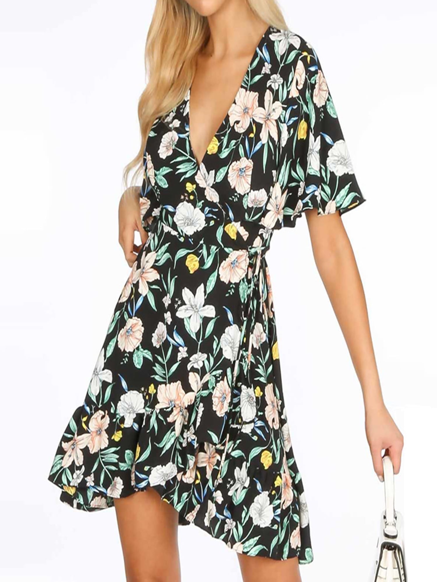 Emmababy Vintage Irregular Floral Dress Short Sleeve Clothing High Waist One Piece Dress With Waist Tie Walmart Com Walmart Com