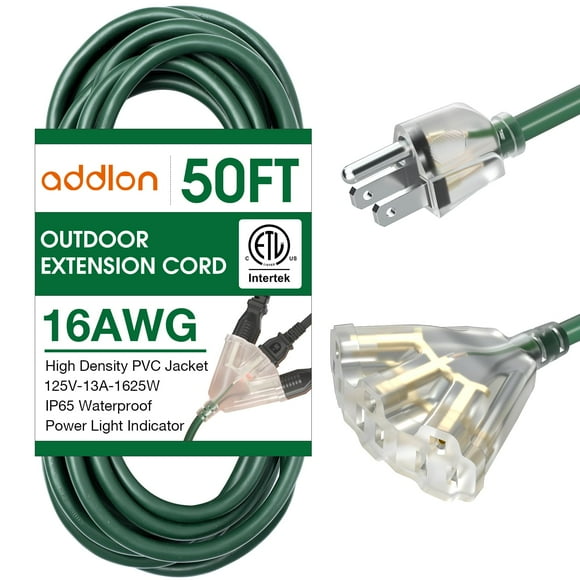 addlon 50FT 16/3 Lighted Outdoor Extension Cord with 3-Plug Outlet, Heavy Duty Extension Cord with 3 Prong Grounded Plug for Safety, 13AMP, Listed ETL