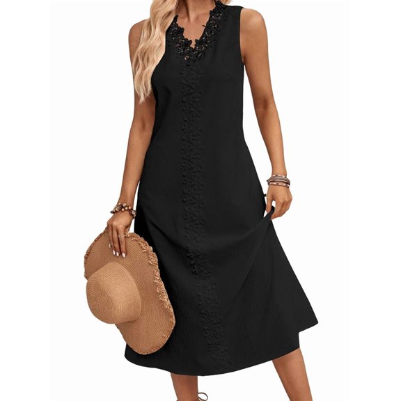 Women'S Summer Dresses Casual Sleeveless Lace V Neck Midi Dresses Sleeveless Swing Vacation Beachwear Black L
