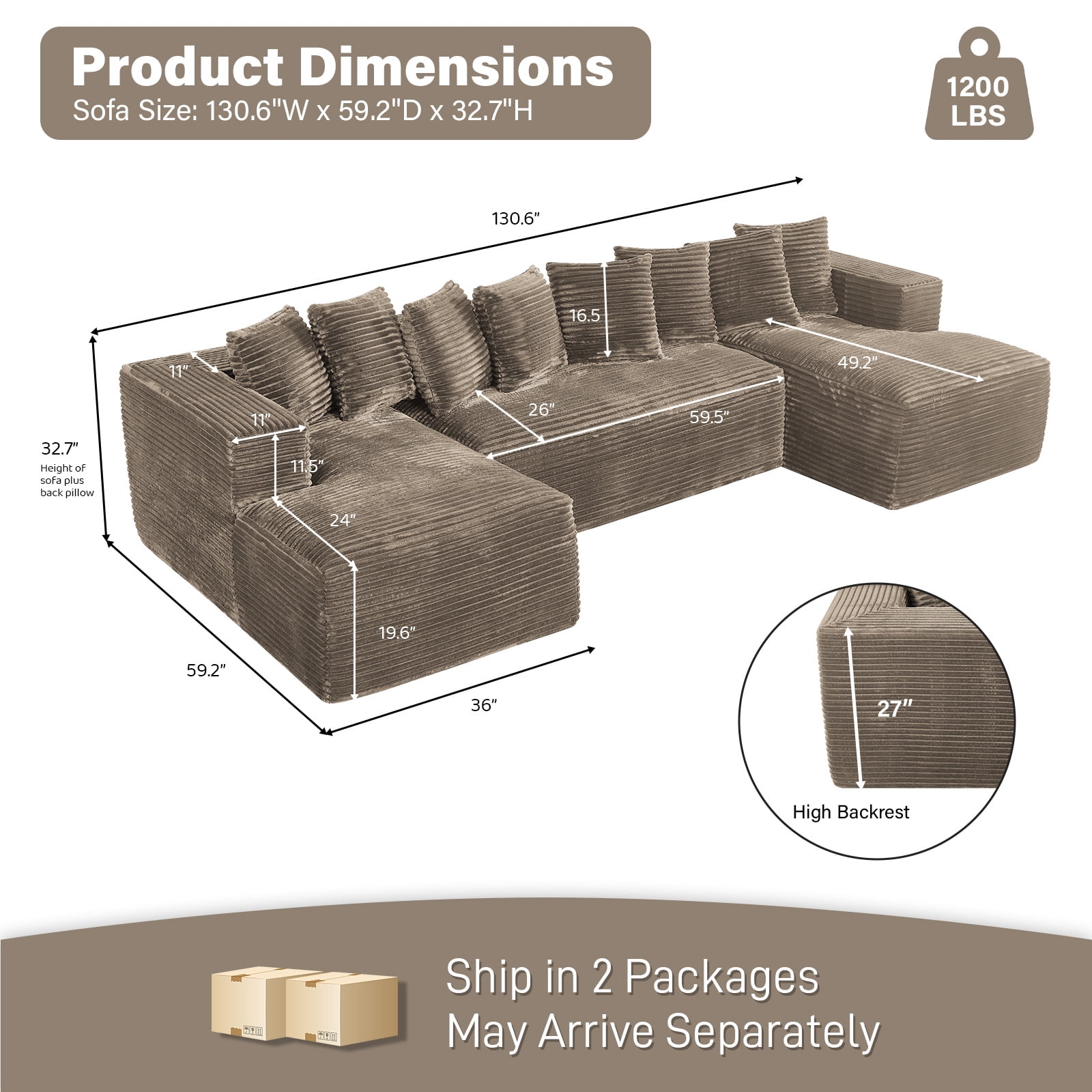 Wiilayok U Shaped Sectional Sofa,Modular Cloud Corduroy Sofa Couch with Extra Deep Seat for Living Room Sofa, No Assembly, Brown