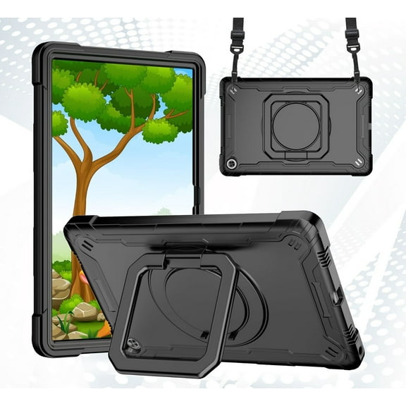 Epicgadget Lenovo Tab M10 Plus (3rd Gen) Case - Hybrid Shockproof 360 Rotating Multi-Functional Ring Stand Case with Shoulder Straps for Lenovo Tab M10 Plus 3rd Gen 10.6 inch 2022 (Black/Black)