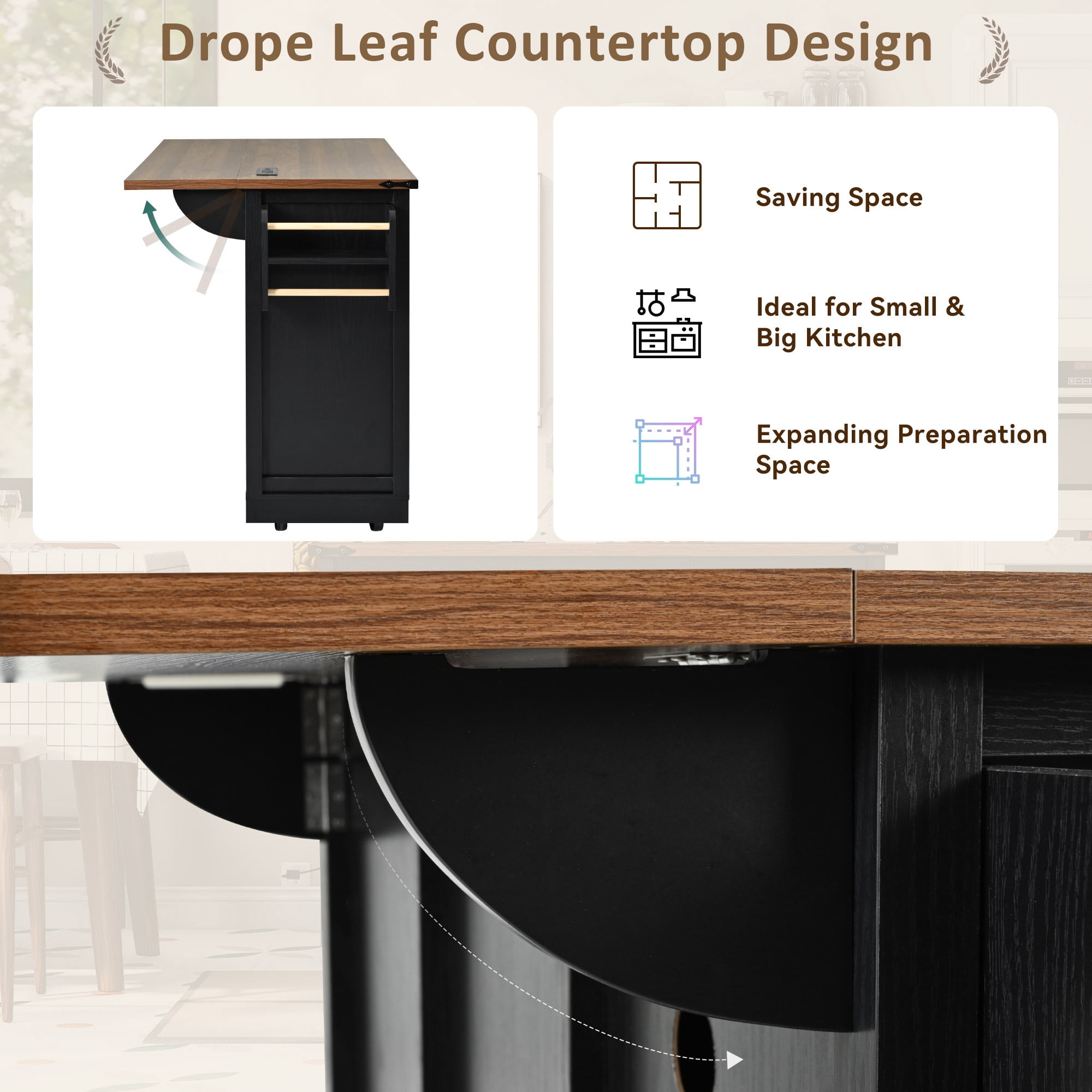 Euroco 53.7" Farmhouse Kitchen Island Cart with Storage on Wheels,Rolling Kitchen Cart with Power Outlet, 2 Doors and Drop Leaf for Dining Room