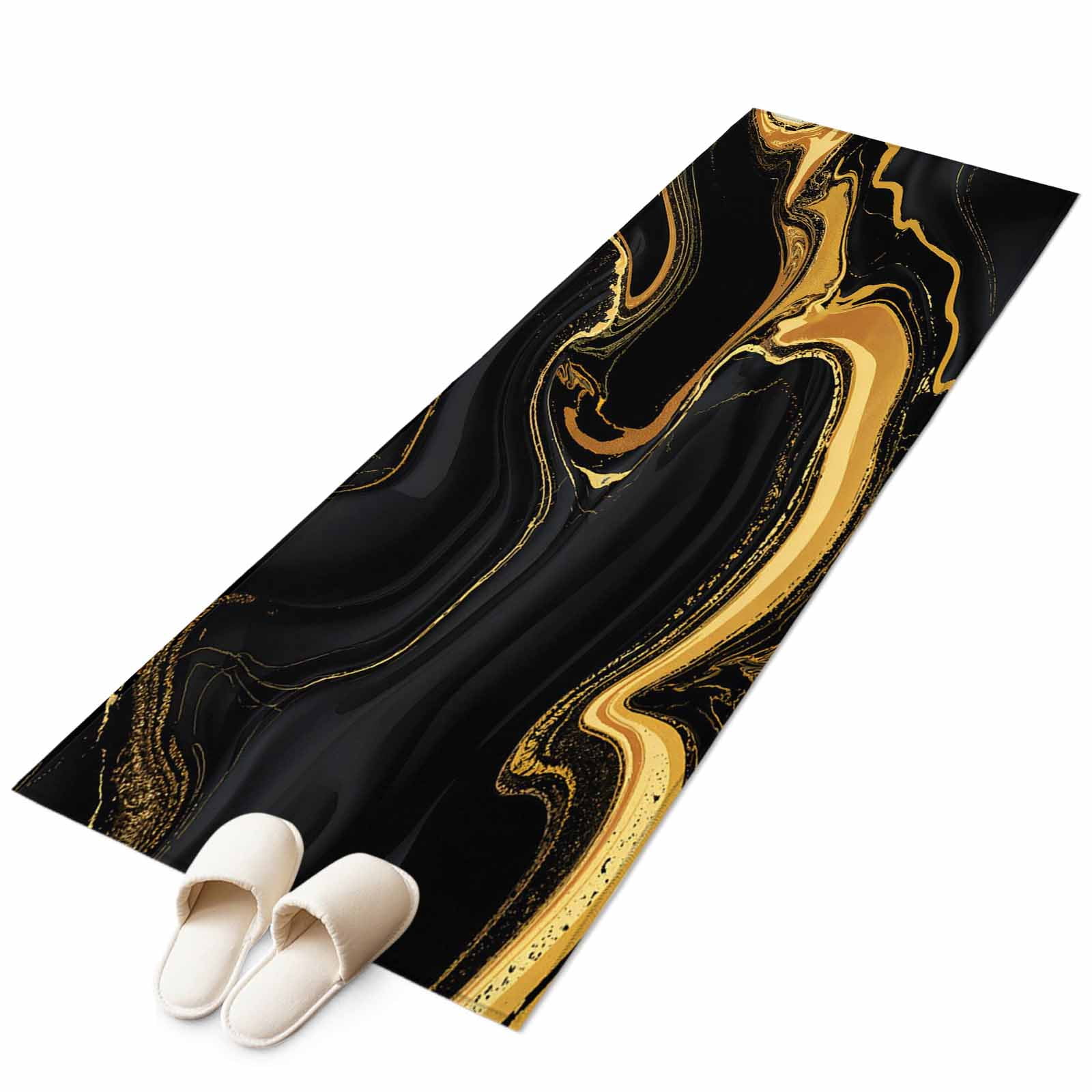 Black Gold 2x6 Runner Rug for Hallway Walkway Kitchen Galley, Marble Luxury Abstract Abstract Fluid Texture Low Pile Washable Non Slip Long Area Rug