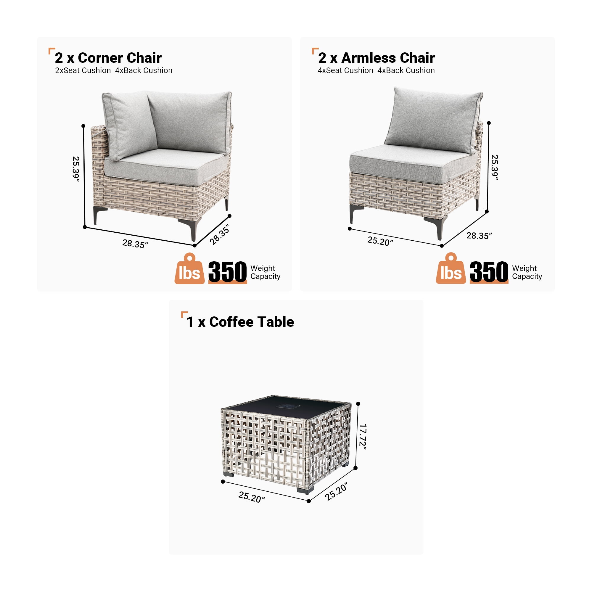 Ovios 5 Pieces Outdoor Patio Furniture Wicker Conversation Sectional with High-Back & Solar Lamps Coffee Table for Backyard