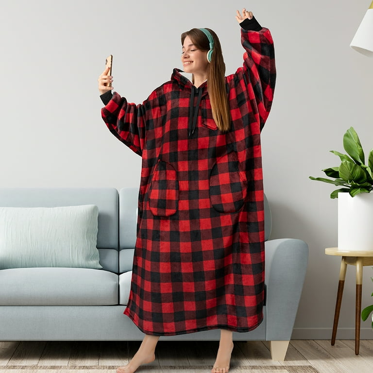 PAVILIA Blanket Hoodie for Women Red Sherpa Wearable Blanket Men