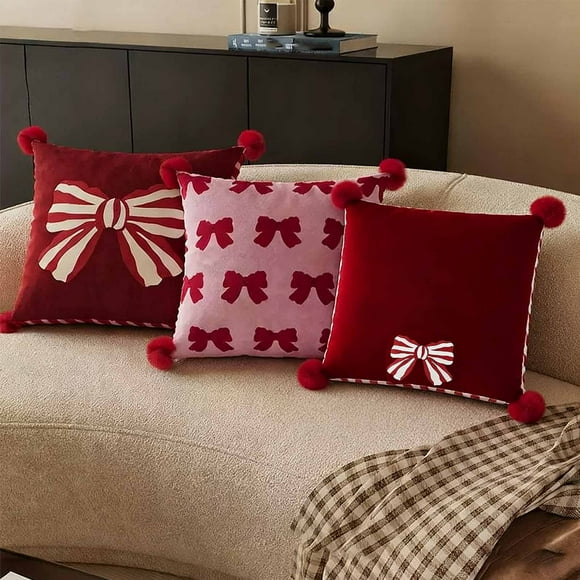 Cagogo under $5 3Pcs Red Bow Throw Pillow, Red Bow Throw Pillow, Decorative Cushion for Bedroom Living Room Sofa, Detachable Cover Lumbar Support Pillow, Home Decor Accent Pillow