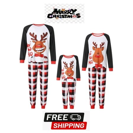 

ESASSALY Christmas Parent-child Outfit Elk Letter Printing Plaid Raglan Long Sleeve Round Collar Sleepwear for Mother/Father/Kid