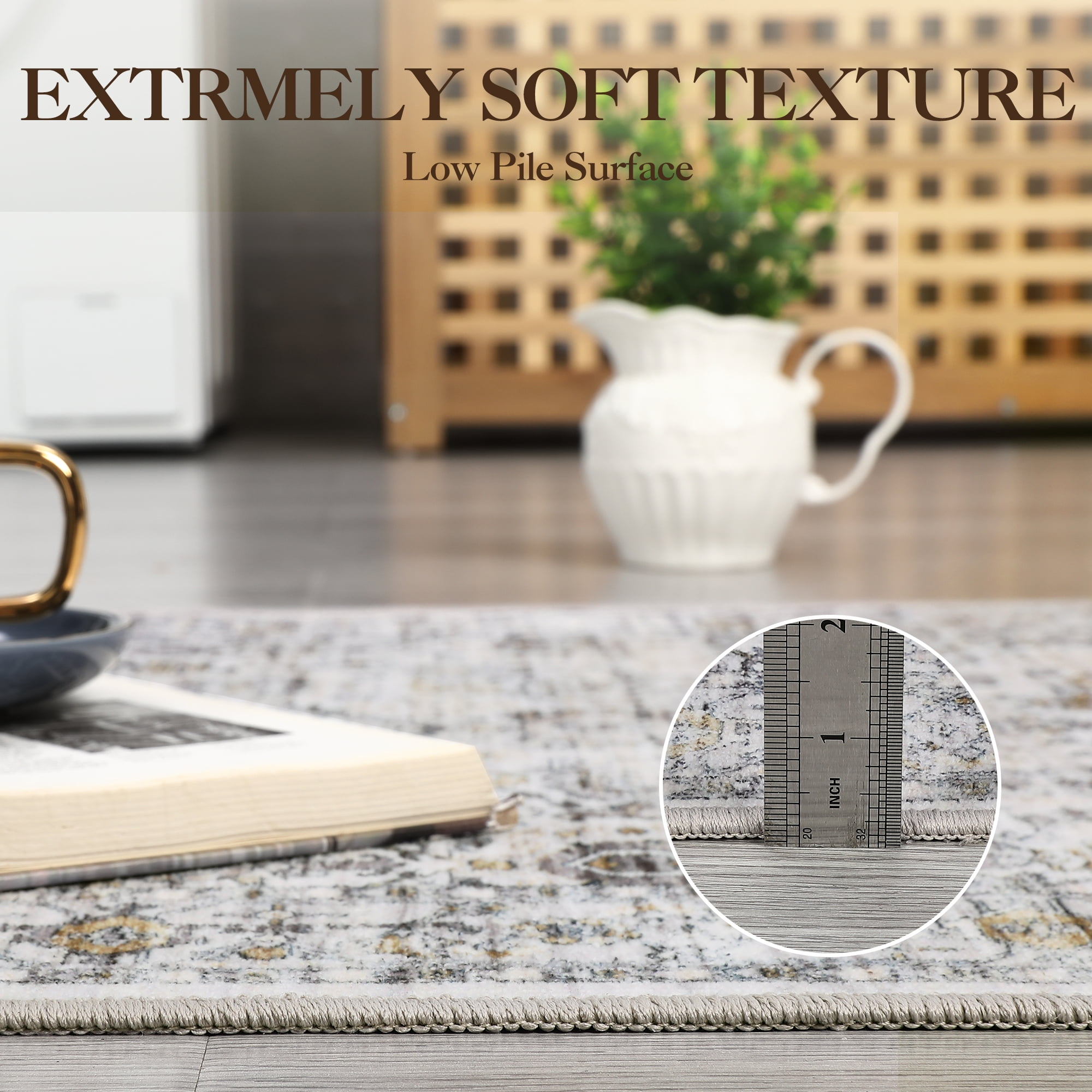 FairOnly 9'x12' Grey Boho Floral Area Rugs for Living Room Low Pile Non Shedding Rugs for Family Room Nursery Carpet