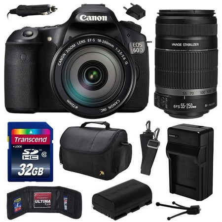 Canon EOS 60D 18 MP CMOS Digital SLR Camera with EF-S 18-200mm f/3.5-5.6 IS and EF-S 55-250mm f/4-5.6 IS II Lens with 32GB Memory + Large Case + Extra Battery + Travel Charger + Cleaning Kit 4460B016