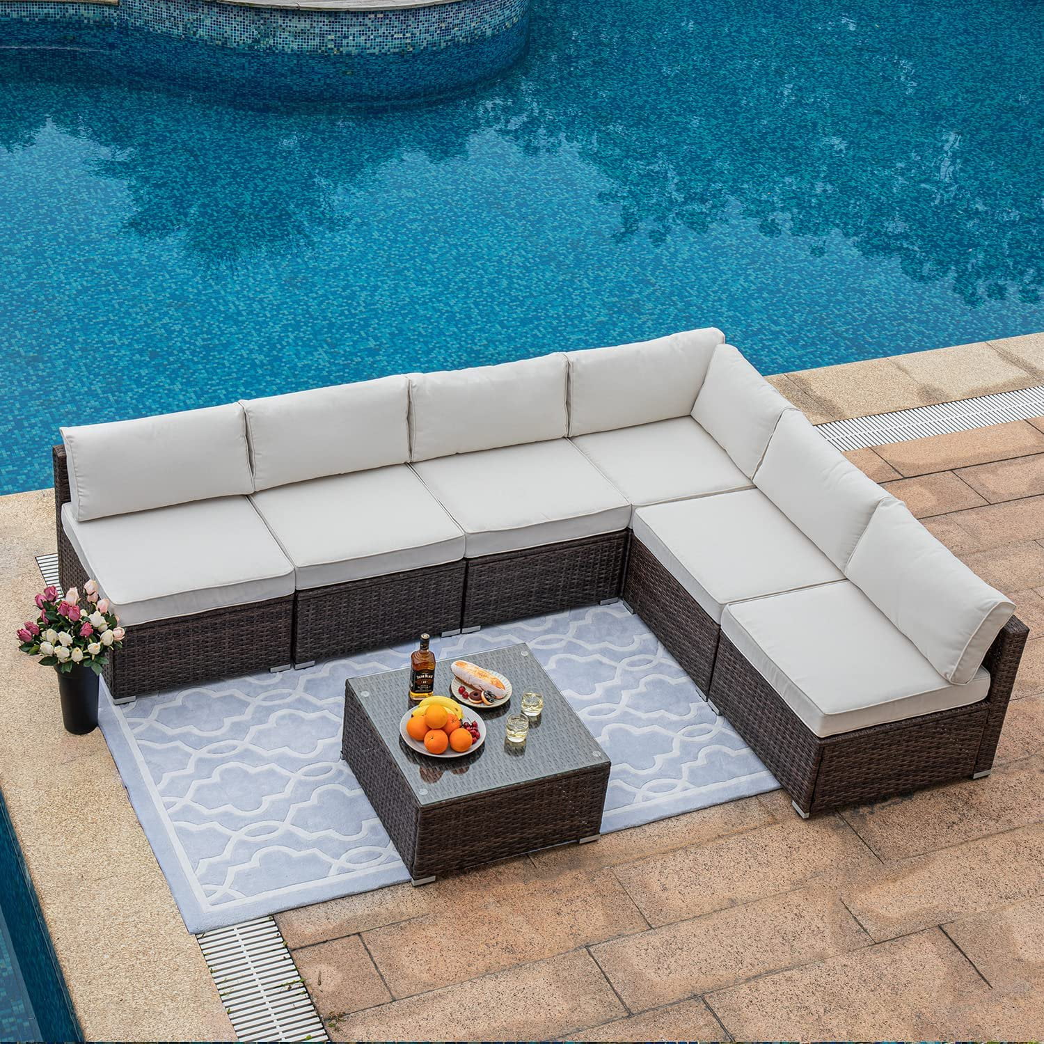 COSIEST 7Piece Outdoor Furniture Set Brown Wicker Sectional Sofa