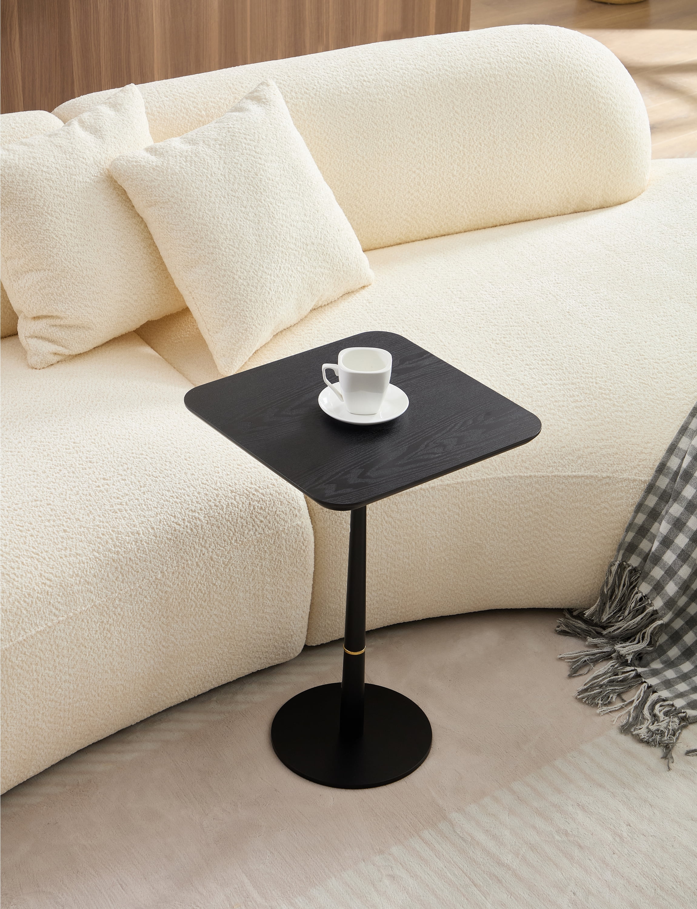 Square Coffee Table, Black Matte MDF Side Table with Metal Feet & Gold Decorative Ring, Waterproof Wear-Resistant Accent Table for Living Room Lounge Sofa Corner, Multi-Use as Computer Desk