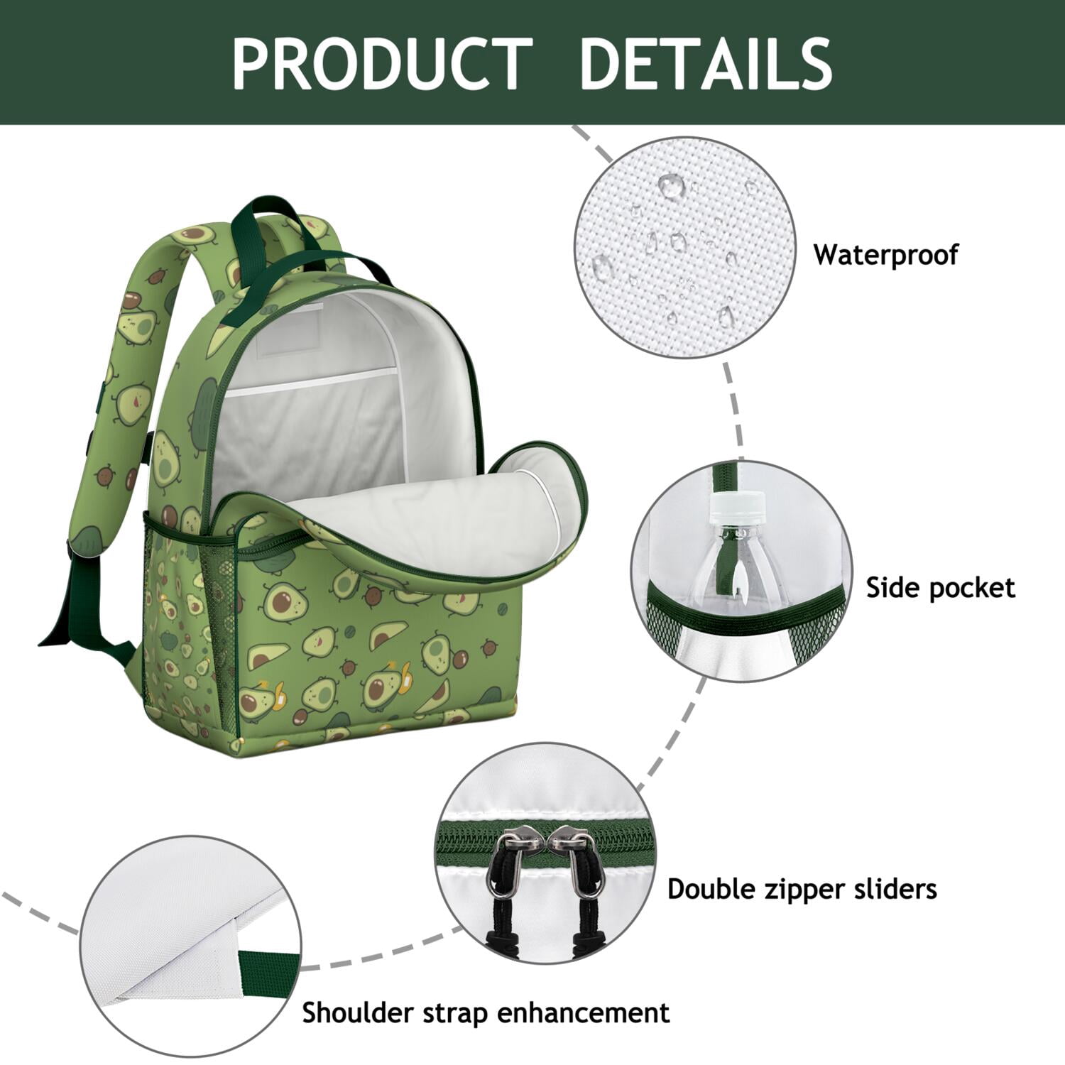 Fresh Avocado Print Backpack for Teens - Waterproof Ergonomic Daypack with Spacious Compartment & Secure Chest Buckle