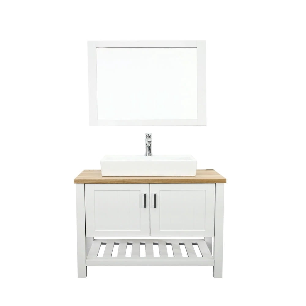 Canddidliike 32" Bathroom Vanity with Sink,Single Bathroom Vanities Cabinet with Doors and Open Shelf,Solid Wood Small Vanity with Sink Set for Indoor as Bathroom, White+Natural