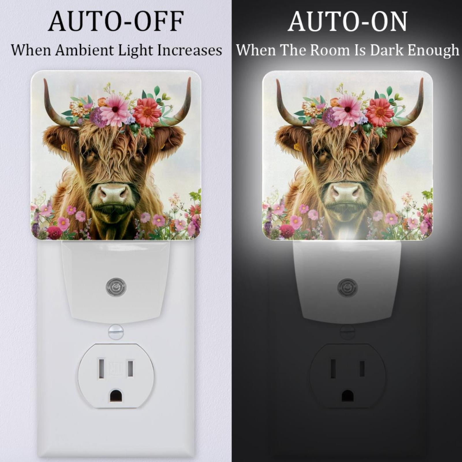 PhooArto Funny Cow Cattle with Flowers Plug in LED Night Light Auto Sensor Dusk to Dawn Decorative Night for Bedroom, Bathroom, Kitchen, Hallway, Stairs, Baby's Room, Energy Saving