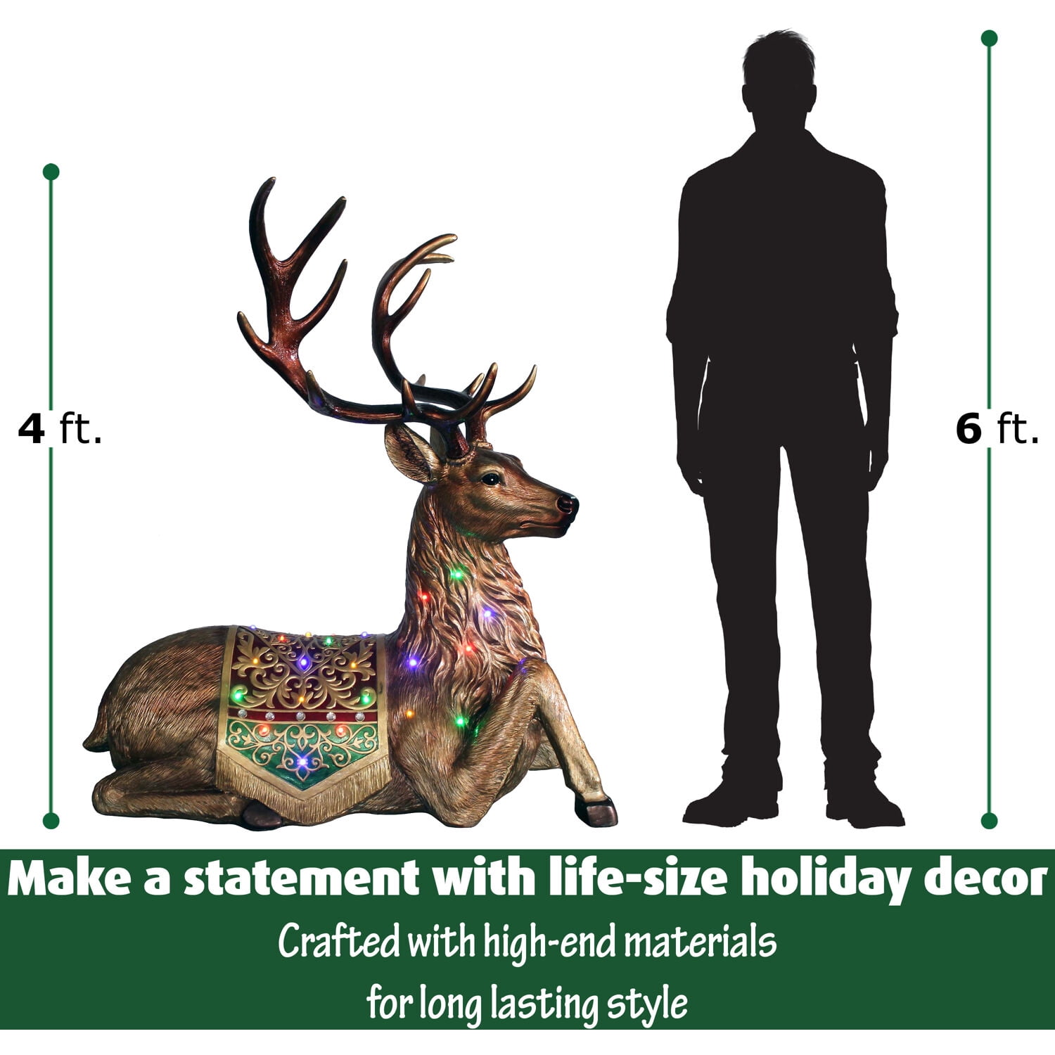Fraser Hill Farm Indoor/Outdoor Oversized Christmas Decor with Long-Lasting LED Lights, 4-Ft. Tall Sitting Reindeer with Metallic Finish, FFRS047-RD1-BRN