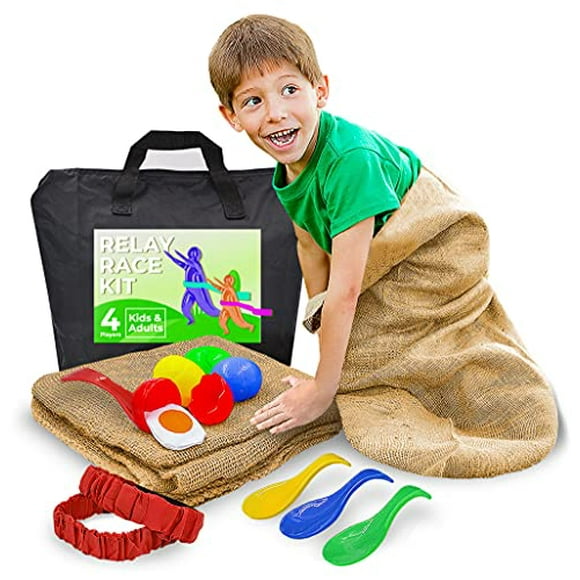4 Player Outdoor Games For Kids and Adults - Potato Sack Race, Egg & Spoon Race, 3-Legged Relay Race - with Storage Bag, Lawn Games for BBQ, Picnic, Easter, Family Reunion, Birthday Party, Halloween