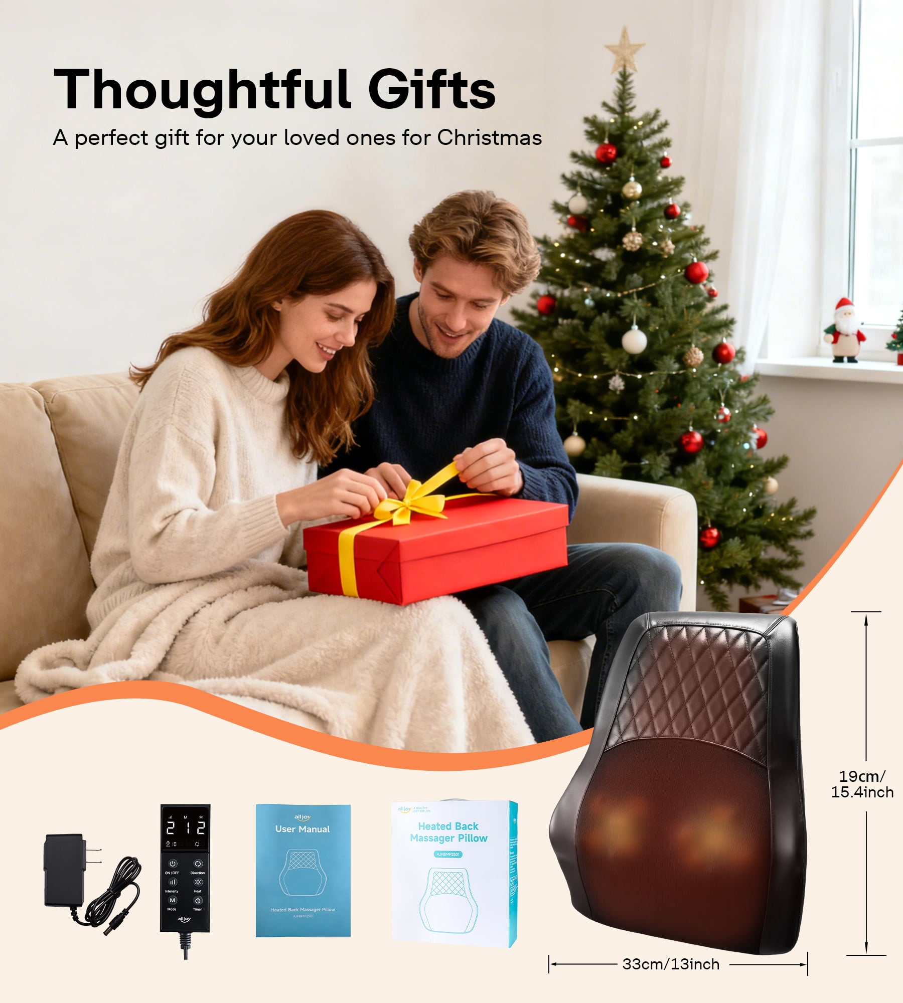 ALLJOY Lumbar Support Massager Pillow with Heat, Back Massager for Pain Relief, Neck Massger, 3 Heating Levels & 4 Mode & 3 Intensities, Christmas&Birthday Gifts for Women Men