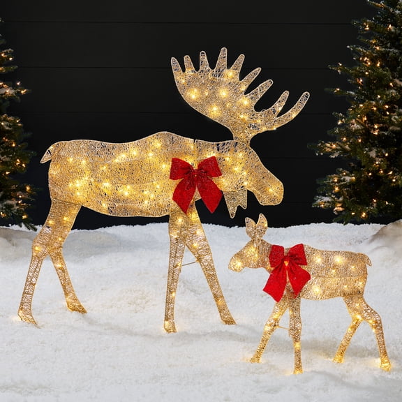 Best Choice Products 4ft 2-Piece Lighted 2D Christmas Moose Set Outdoor Decor w/ 125 LED Lights, Stakes - Gold