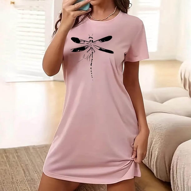 Camisón corto de mujer, vestido de largo medio con estampado de moda, camisón corto extragrande de mujer, camisón de manga corta con estampado de pecho a la moda, camisón de mujer