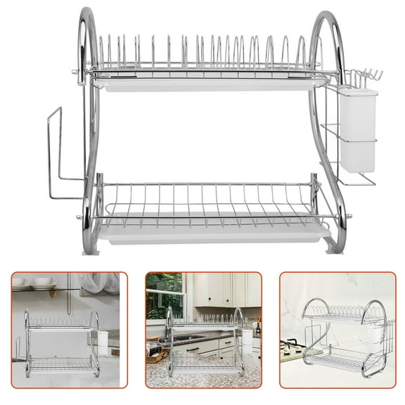 Dish Drying Rack 2 Tier Stainless Steel Dish Drainer Dishes Draining Holder Organizer with Cutting Board Utensil Holder for Kitchen